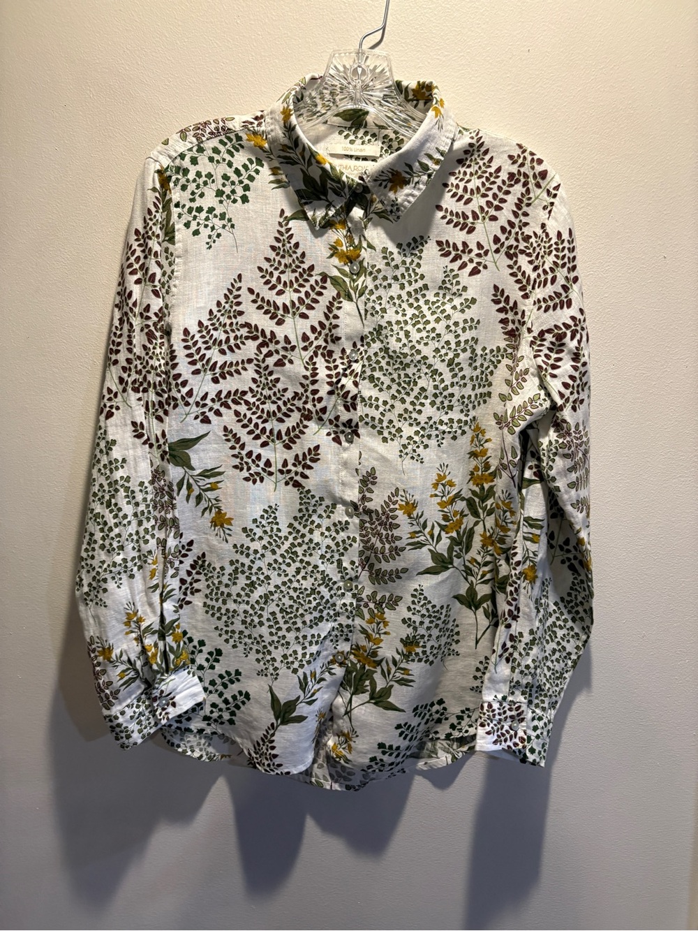 White Linen Floral Button Shirt with Green Leaves & Mustard Blooms